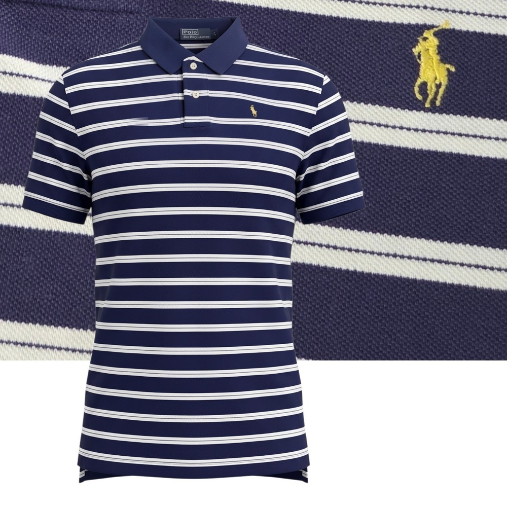 Polo Ralph Lauren Polo Shirt Men L Navy Blue White Striped Short Sleeve Pony